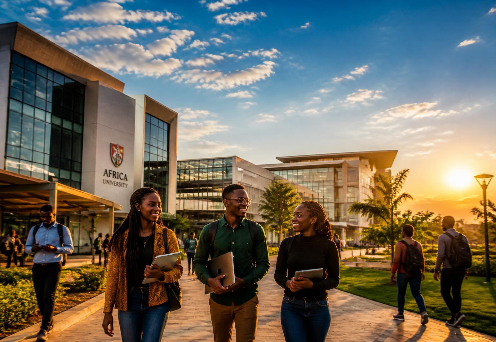 African university campus with students using tablets